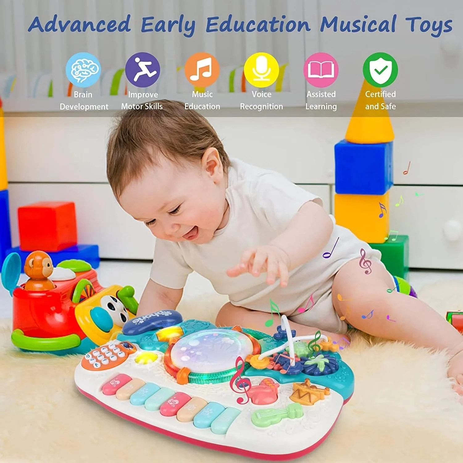 مجموعه اسباب بازی موسیقی کودک AWH – ابزار موسیقی 6 در 1 برای کودکان نوپا با پیانو، درام و زیلوفون – اسباب بازی آموزشی زودهنگام برای کودکان 1-3 ساله، اسباب بازی ایده آل تولد برای پسران و دختران