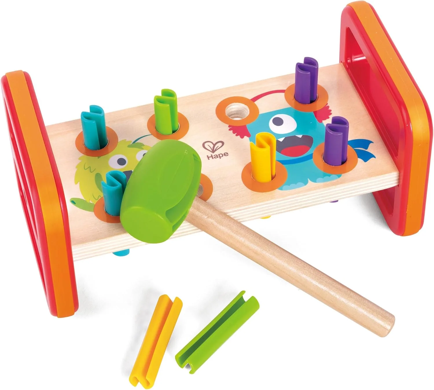 ست اسباب بازی نیمکت چکش و تطبیق هیولا Hape، نیمکت کوبیدنی تطبیق رنگ با چکش چوبی، تشخیص میخ و عدد، توسعه مهارت های حرکتی ظریف، اسباب بازی کوبیدنی، 10 ماه به بالا