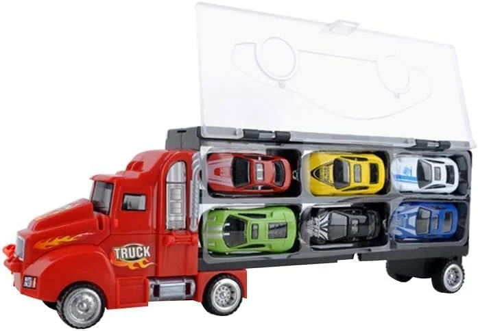 تریلی حمل ماشین کودک AWH به همراه 6 ماشین کوچک - اسباب بازی حمل و نقل چند رنگ - مجموعه بازی وسایل نقلیه سرگرم کننده و آموزشی برای سنین 3 تا 10 سال، مناسب هدیه