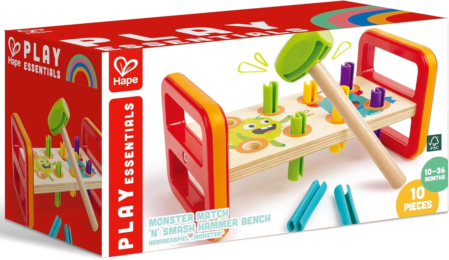 ست اسباب بازی نیمکت چکش و تطبیق هیولا Hape، نیمکت کوبیدنی تطبیق رنگ با چکش چوبی، تشخیص میخ و عدد، توسعه مهارت های حرکتی ظریف، اسباب بازی کوبیدنی، 10 ماه به بالا