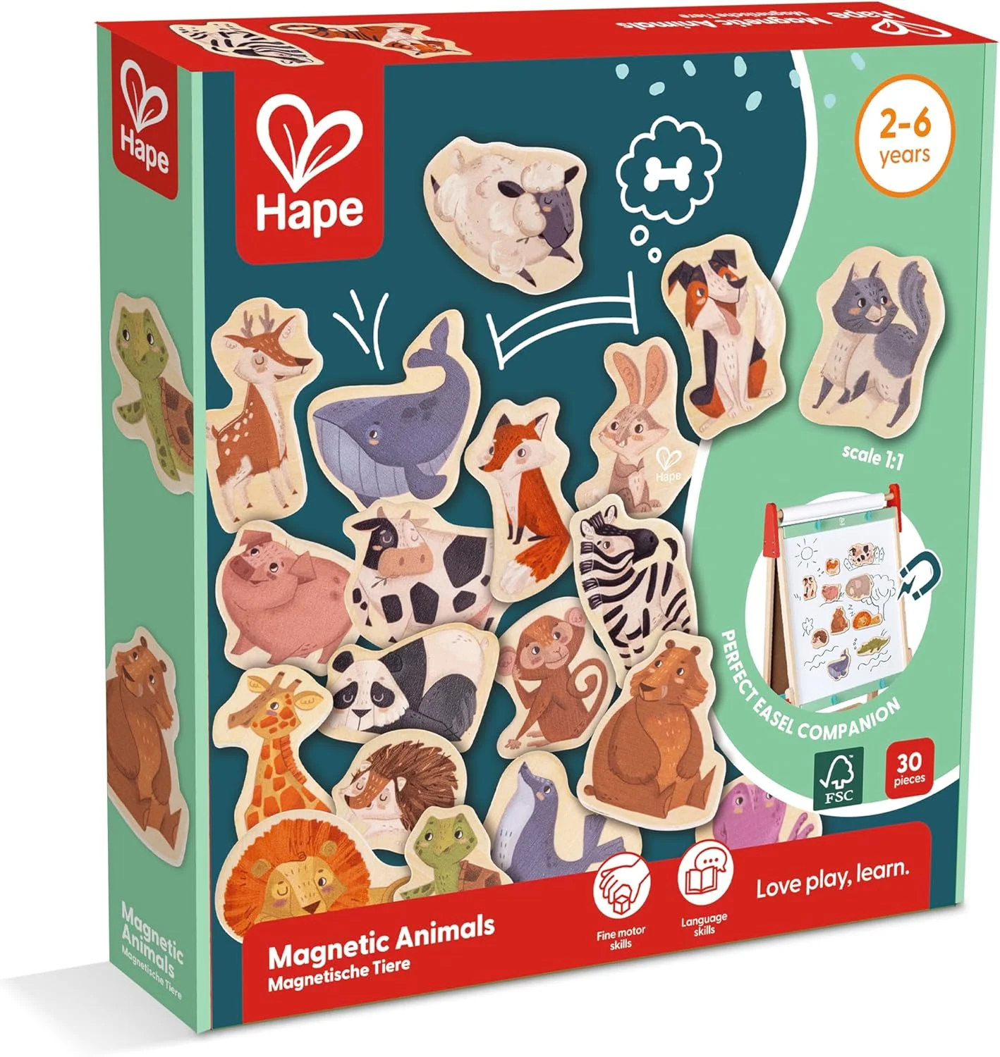هاپه، حیوانات مغناطیسی چوبی 30 تکه، شامل تخته مغناطیسی، اسباب بازی برای 2 سال به بالا، هنر و صنایع دستی، اسباب بازی های آموزشی