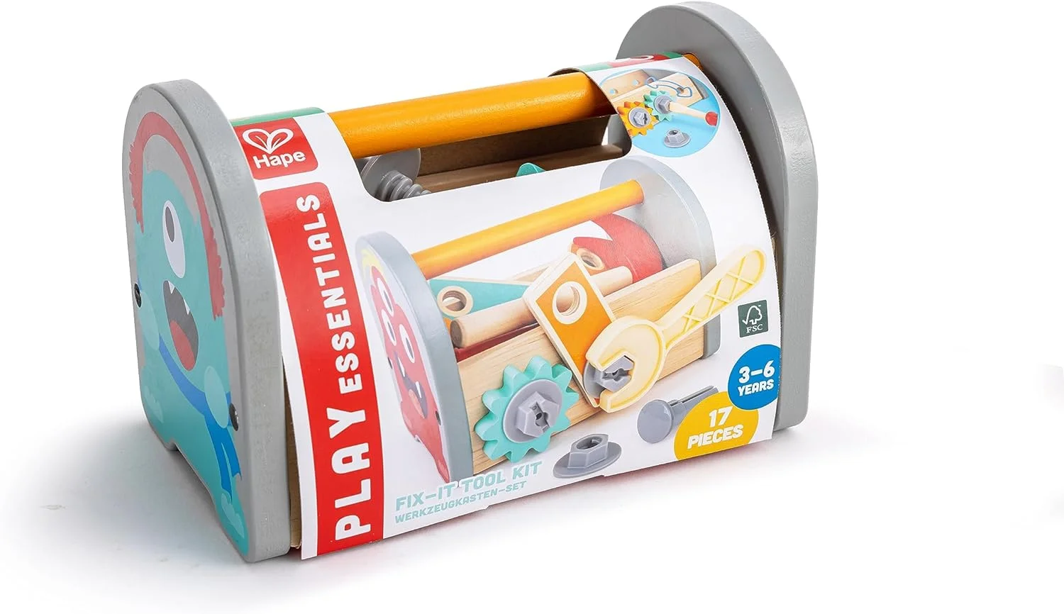 جعبه ابزار تعمیر چوبی هیولا Hape | مجموعه ابزار بازی وانمودی 17 تکه برای کودکان | شامل آچار، چکش، پیچ، چرخ دنده و موارد دیگر | اسباب بازی ساختنی آموزشی برای خلاقیت و مهارت های حرکتی | 3 سال به بالا