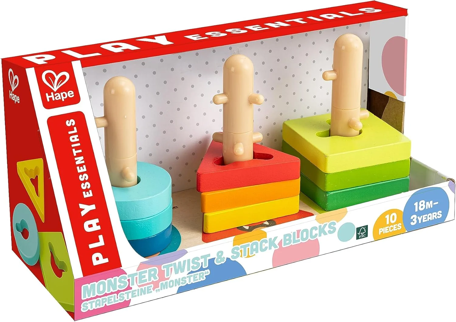 برج پازل هیولا Hape - اسباب بازی چوبی پیچشی با میخ برای تقویت مهارت های حرکتی ظریف، تشخیص رنگ و شکل | دارای پایه، برج ها و 9 بلوک | اسباب بازی سرگرم کننده برای کودکان نوپا 18 ماهه و بالاتر