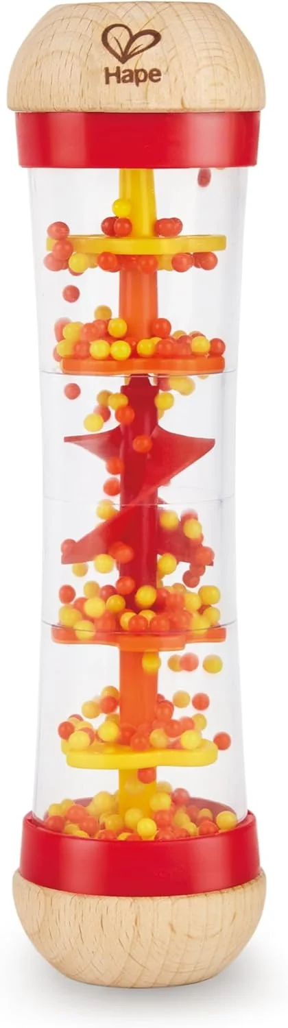 اسباب بازی موسیقی چوبی باران دانه ای هاپه قرمز | شیکر حسی و جغجغه باران ساز | صداهای آرامش بخش قطره باران، گرفتن آسان، رنگ های روشن، ایمن برای نوزادان 0+ | عالی برای توسعه حسی اسباب بازی موسیقی 0M+