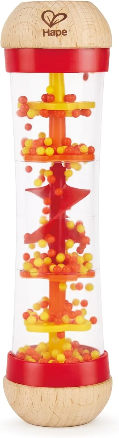 اسباب بازی موسیقی چوبی باران دانه ای هاپه قرمز | شیکر حسی و جغجغه باران ساز | صداهای آرامش بخش قطره باران، گرفتن آسان، رنگ های روشن، ایمن برای نوزادان 0+ | عالی برای توسعه حسی اسباب بازی موسیقی 0M+