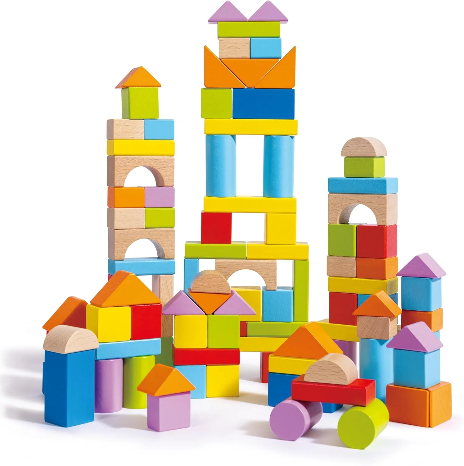 بلوک های چوبی شگفت انگیز 101 تکه Hape، توسعه خلاقیت، ایده آل برای داستان سرایی، تشخیص رنگ، مهارت های حرکتی ظریف، اسباب بازی های ساختمانی بلوک، دارای گواهی FSC، 12M+