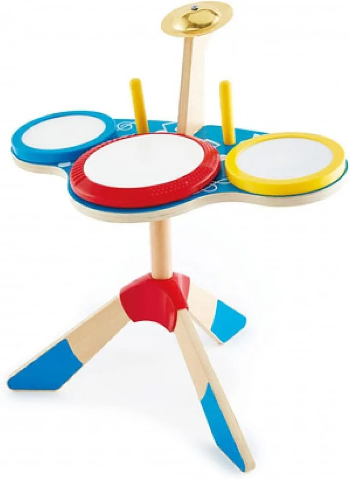 ست درام و سنج Hape | اسباب بازی موسیقی چوبی برای کودکان نوپا با سه درام، سنج، چوب و پایه | سطح سیلیکونی نرم، صدای ایمن برای گوش های جوان | اسباب بازی های موسیقی | مجموعه بازی موسیقی برای سنین 3 سال به بالا