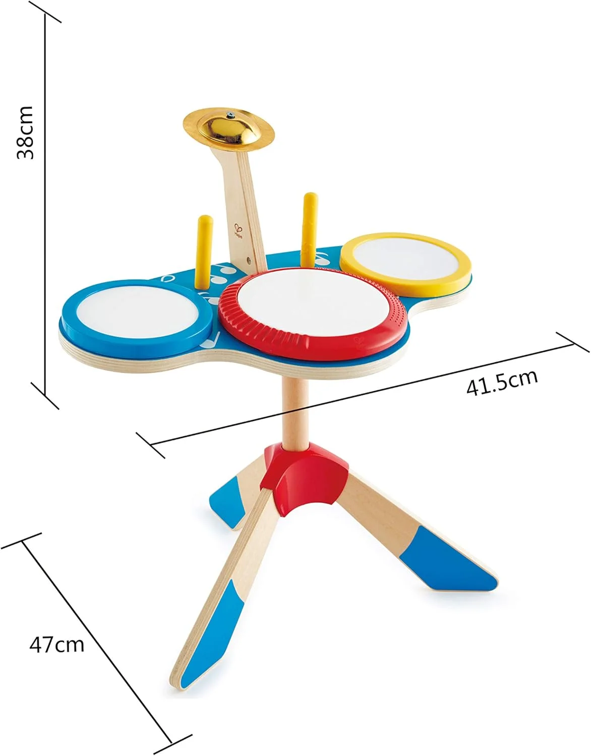 ست درام و سنج Hape | اسباب بازی موسیقی چوبی برای کودکان نوپا با سه درام، سنج، چوب و پایه | سطح سیلیکونی نرم، صدای ایمن برای گوش های جوان | اسباب بازی های موسیقی | مجموعه بازی موسیقی برای سنین 3 سال به بالا