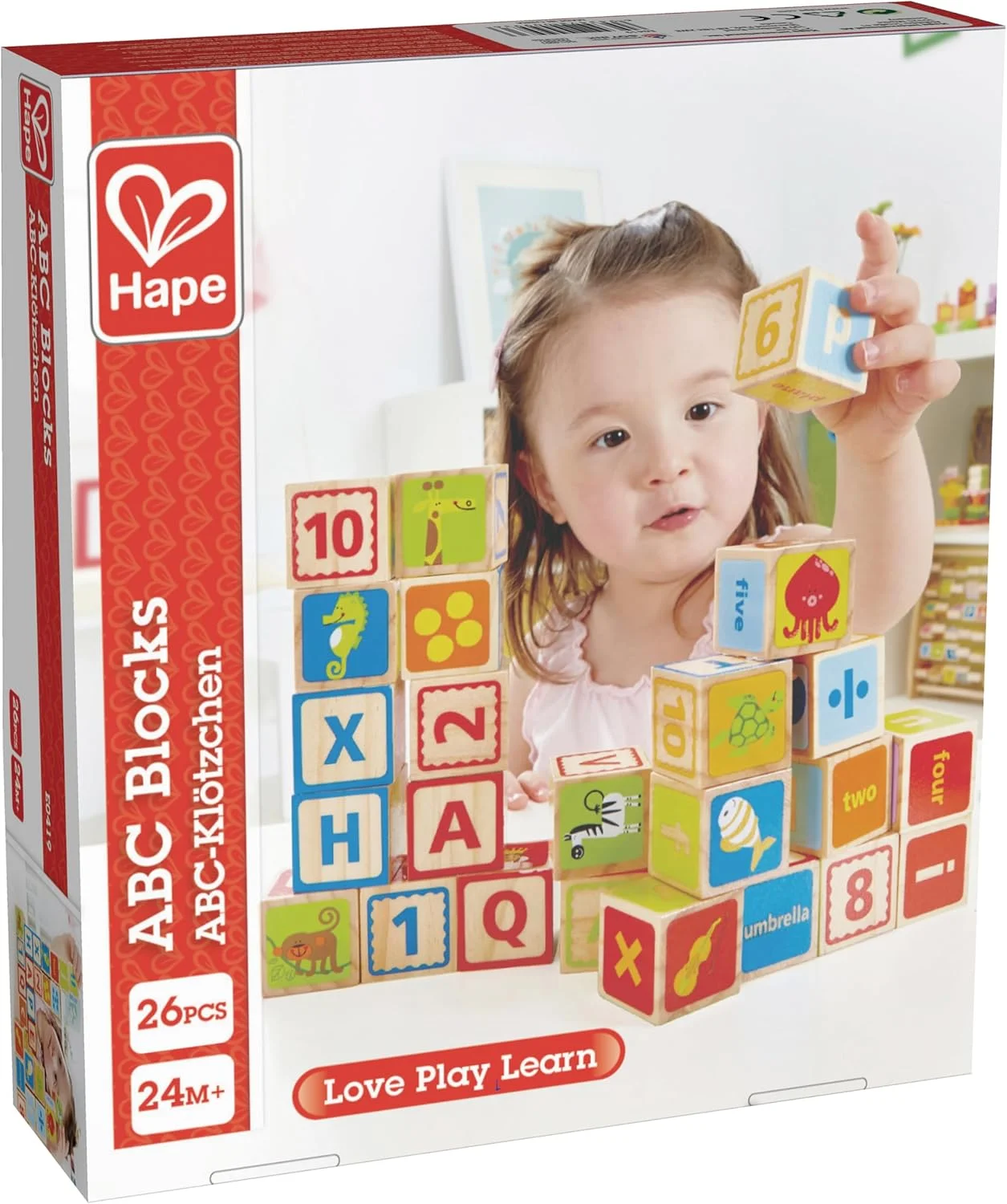 بلوک های الفبای Hape | بلوک های ساختمانی چوبی با طرح کلاسیک برای کودکان نوپا | اسباب بازی آموزشی با حروف، اعداد و تصاویر | ایمن و بادوام، مناسب برای 24 ماه به بالا