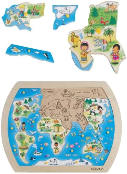 پازل نقشه چوبی جهان Beleduc برای کودکان - بازی آموزشی جغرافیا 21 تکه با قطعات قاره ها و صفحه مرجع - یادگیری قاره ها، فرهنگ ها و نشانه ها