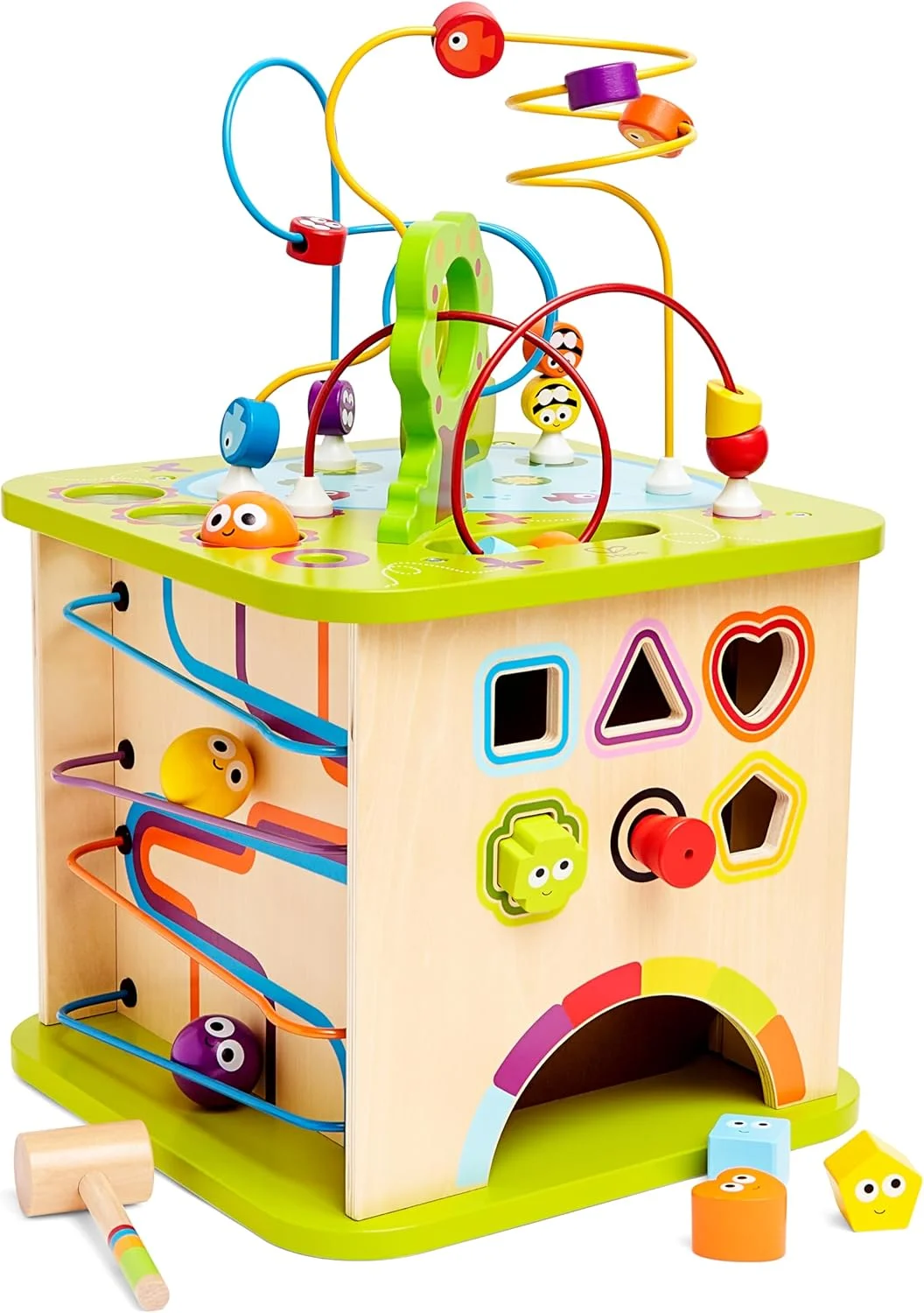 مکعب بازی چوبی فعالیت های مزرعه Hape | اسباب بازی پازل آموزشی چوبی برای کودکان نوپا، مرکز فعالیت 5 طرفه با حیوانات، اشکال، مارپیچ ها، توپ های چوبی، بلوک های مرتب سازی شکل و موارد دیگر