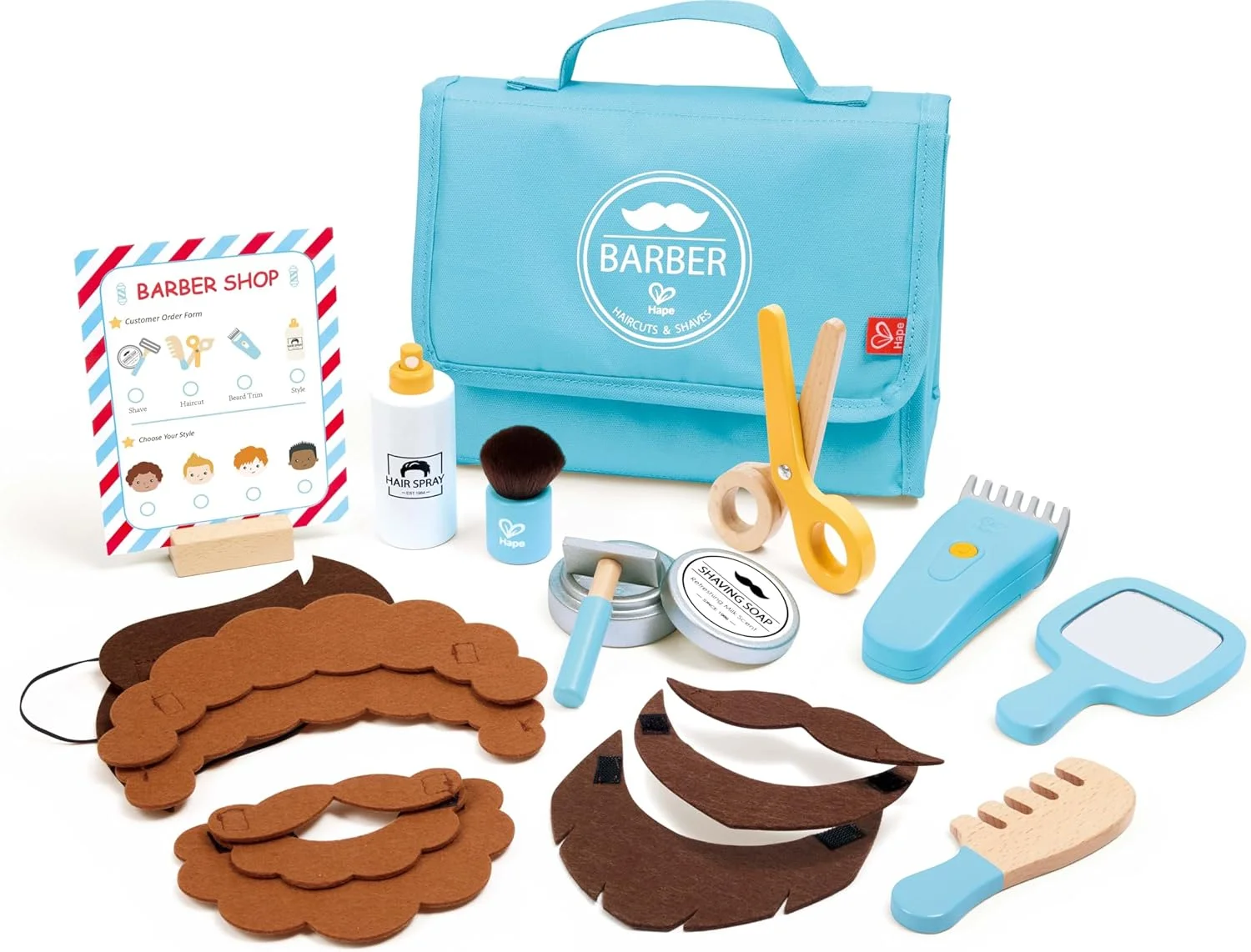 مجموعه آرایشگاه اسنیپ اند استایل Hape | ست بازی آرایشی با لوازم جانبی واقعی آرایشگری، موی نمدی DIY و کیف نگهداری | اسباب بازی چوبی آموزشی نقش آفرینی برای کودکان