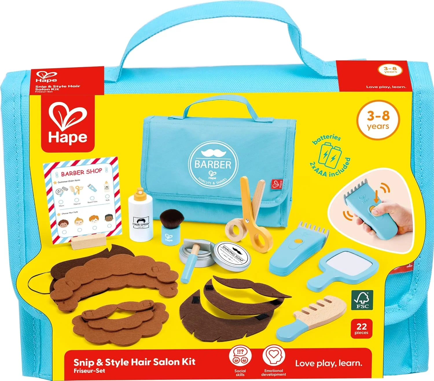 مجموعه آرایشگاه اسنیپ اند استایل Hape | ست بازی آرایشی با لوازم جانبی واقعی آرایشگری، موی نمدی DIY و کیف نگهداری | اسباب بازی چوبی آموزشی نقش آفرینی برای کودکان