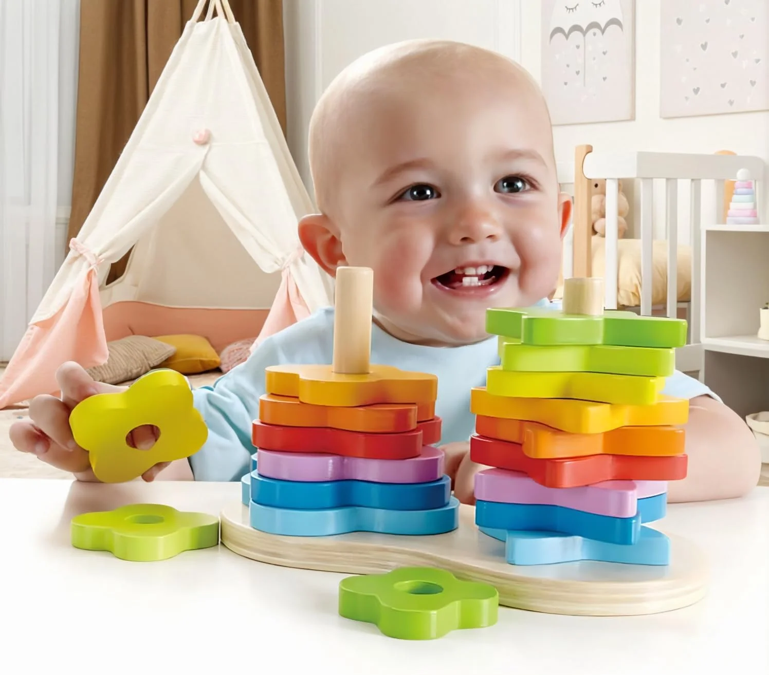 اسباب بازی چوبی پشته ساز رنگین کمان دوتایی Hape | اسباب بازی ساختنی بلوک های چوبی برای کودکان، اسباب بازی آموزشی اولیه برای کودکان، مجموعه 19 عددی پشته ساز، چند رنگ، مناسب برای سنین 1 سال به بالا