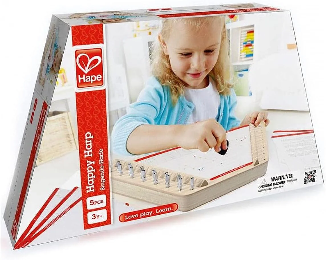 چنگ رومیزی کودک Hape Happy Harp | اسباب بازی چنگ چوبی برنده جایزه برای کودکان، نکات کوک کردن، آچار کوک، مضراب و برگه های آهنگ