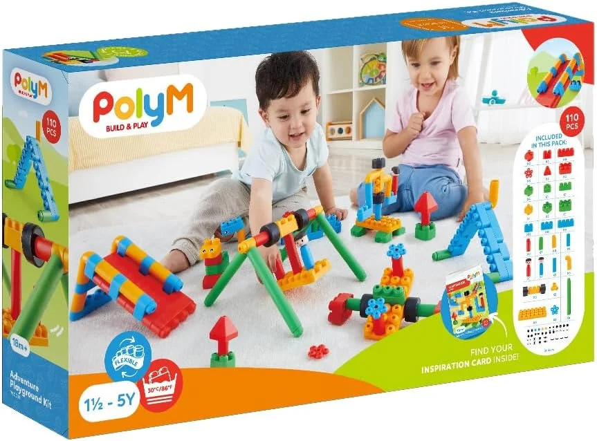 مجموعه زمین بازی ماجراجویی PolyM Hape | مجموعه اسباب بازی آجری ساختمانی 110 تکه ای با فیگورها و لوازم جانبی