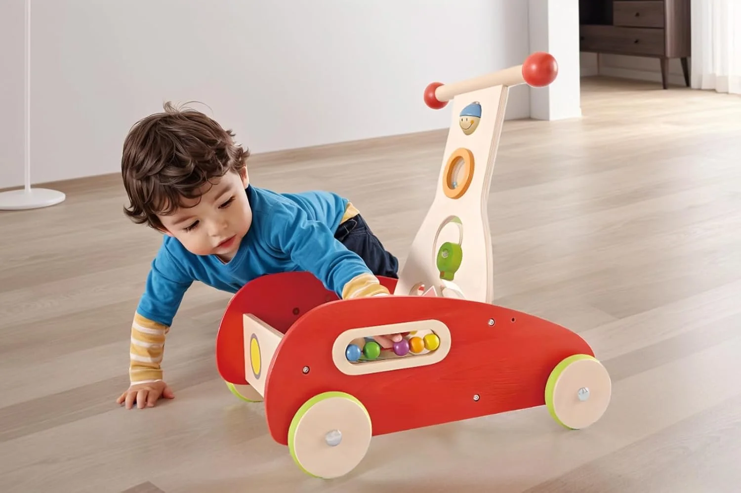 اسباب بازی هل دادنی و کشیدنی چوبی هیپ مدل Wonder Walker | مرکز فعالیت پیاده روی کودک نوپا، اسباب بازی واکر چرخ دار کودک، قرمز/طبیعی