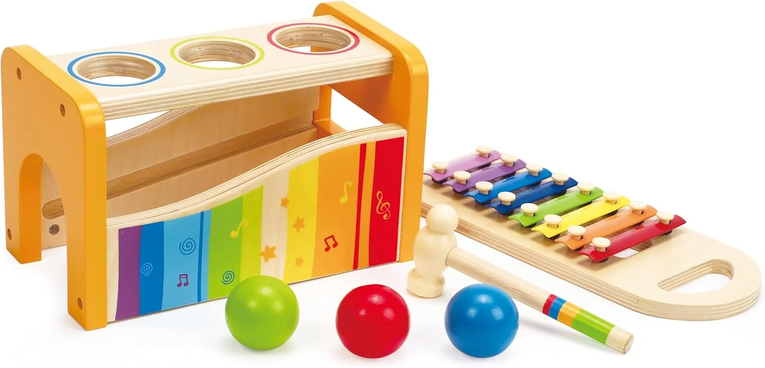 نیمکت کوبیدنی و ضربه ای به همراه زیلوفون کشویی Hape - اسباب بازی موسیقیایی چوبی برنده جایزه برای کودکان نوپا | اسباب بازی کوبیدنی چند منظوره با رنگ های روشن و توسعه حسی | بازی مهارت های حرکتی ظریف، 12M+