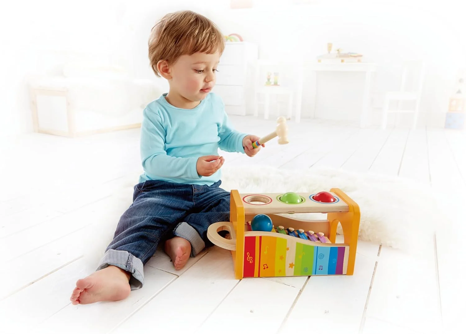 نیمکت کوبیدنی و ضربه ای به همراه زیلوفون کشویی Hape - اسباب بازی موسیقیایی چوبی برنده جایزه برای کودکان نوپا | اسباب بازی کوبیدنی چند منظوره با رنگ های روشن و توسعه حسی | بازی مهارت های حرکتی ظریف، 12M+