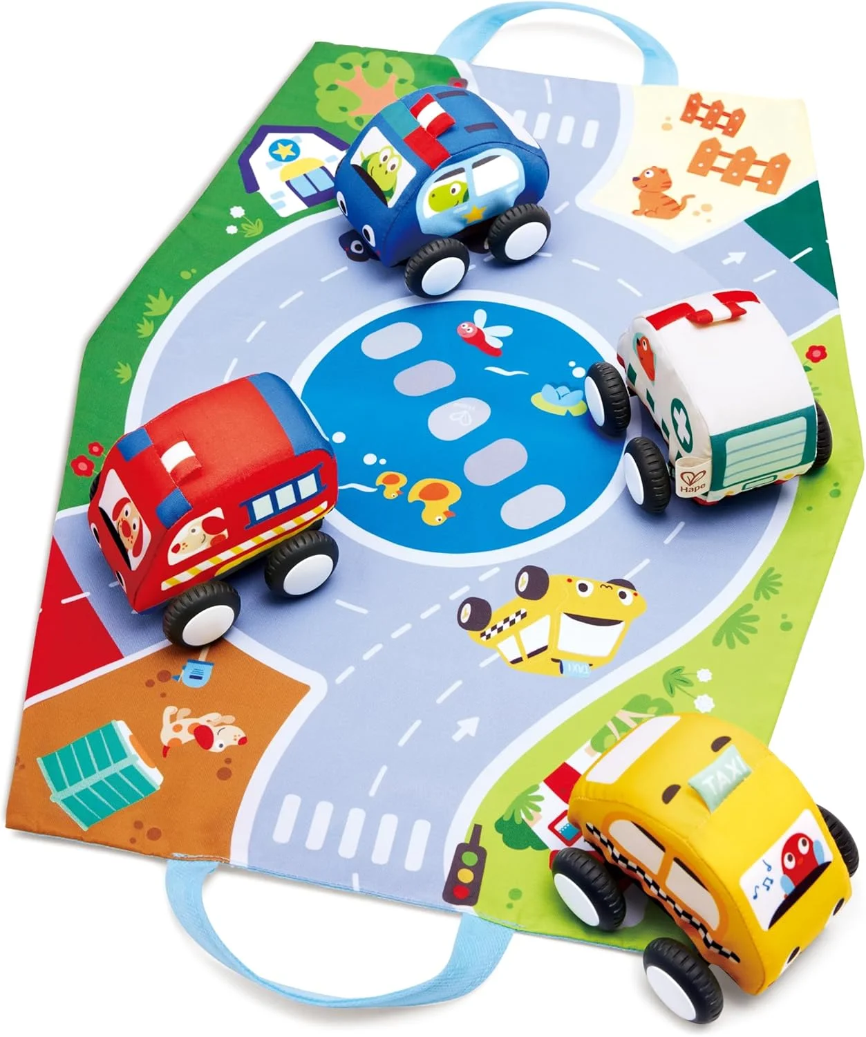 مجموعه ماشین های پولیشی Hape با موتور عقب کش، ماشین آتش نشانی، ماشین پلیس، آمبولانس و تاکسی با کیف نگهداری تاشو - زیرانداز بازی