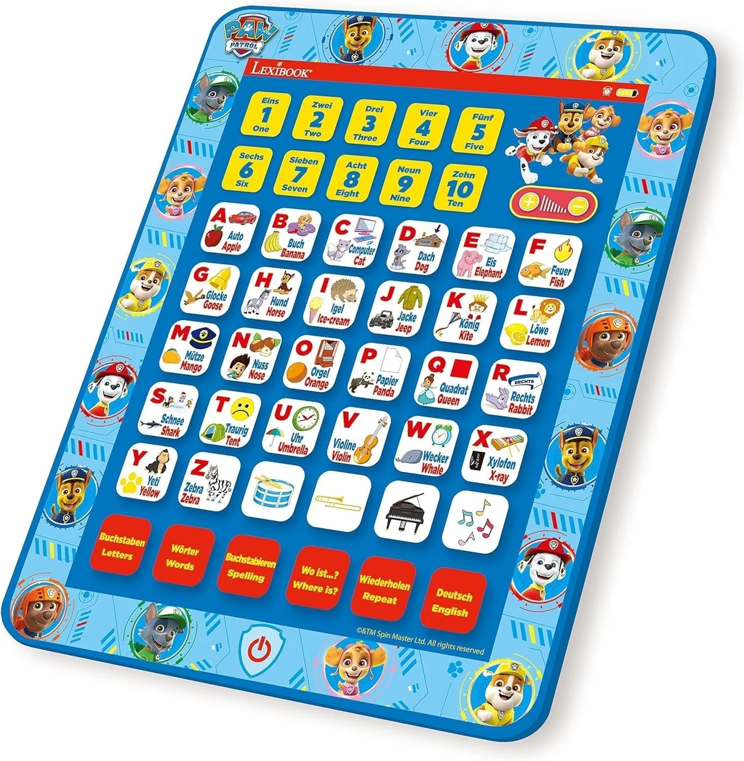 تبلت آموزشی دو زبانه تعاملی Lexibook Paw Patrol، اسباب بازی برای یادگیری حروف الفبا، اعداد، کلمات، املا و موسیقی، زبان های انگلیسی/آلمانی، آبی، JCPAD002PAi3