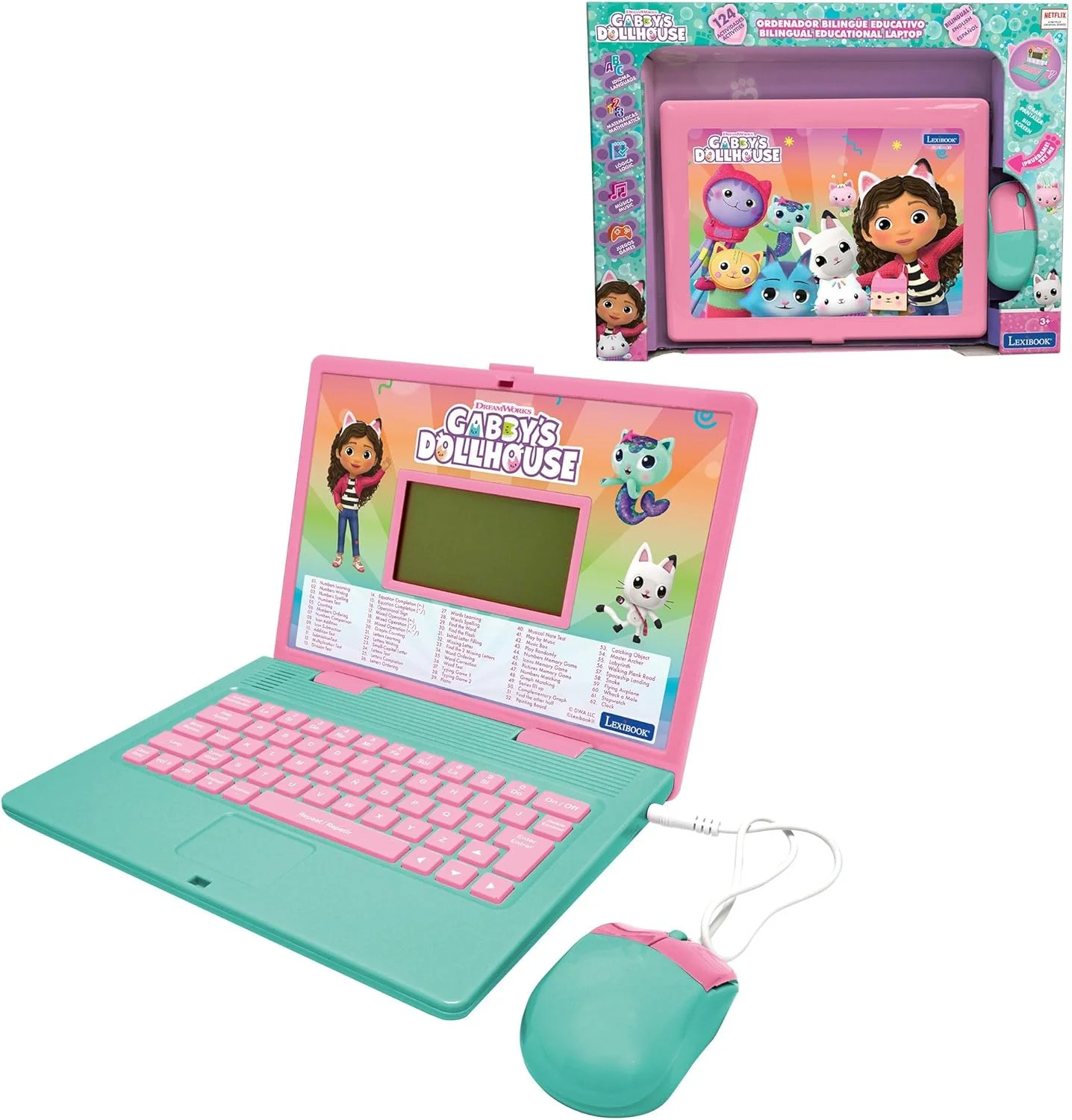 لپ‌تاپ آموزشی دو زبانه انگلیسی/اسپانیایی Lexibook، خانه عروسکی گابی، اسباب‌بازی برای کودکان با 124 فعالیت و بازی در زمینه زبان، نوشتن، ریاضیات، منطق و موسیقی، صورتی/آبی، JC598GDHi2