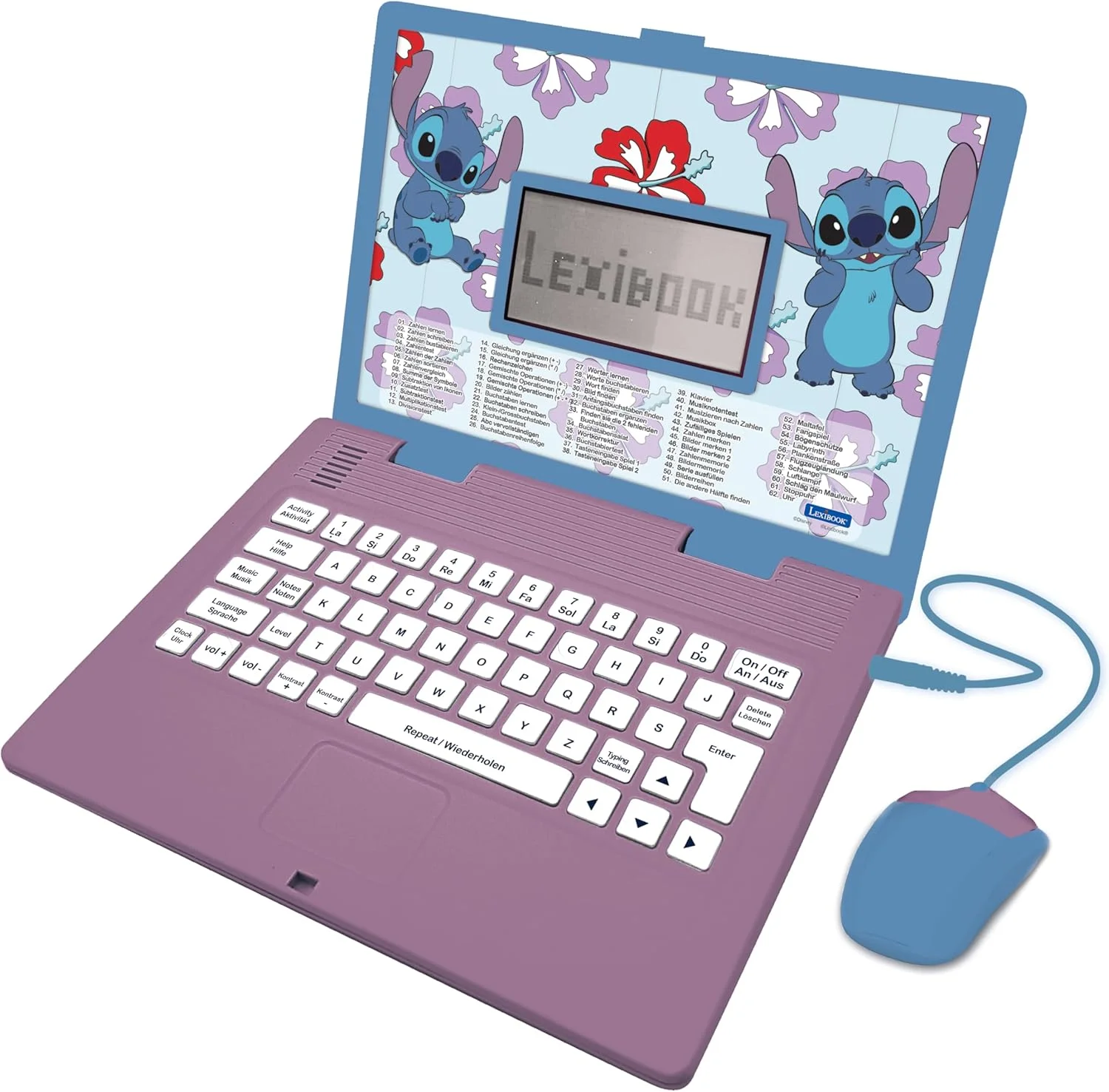 لپ تاپ آموزشی دو زبانه آلمانی/انگلیسی لکسی بوک، دیزنی استیچ، اسباب بازی برای کودکان با 124 فعالیت و بازی در زمینه زبان، نوشتن، ریاضی، منطق و موسیقی، بنفش/آبی، JC598Di3