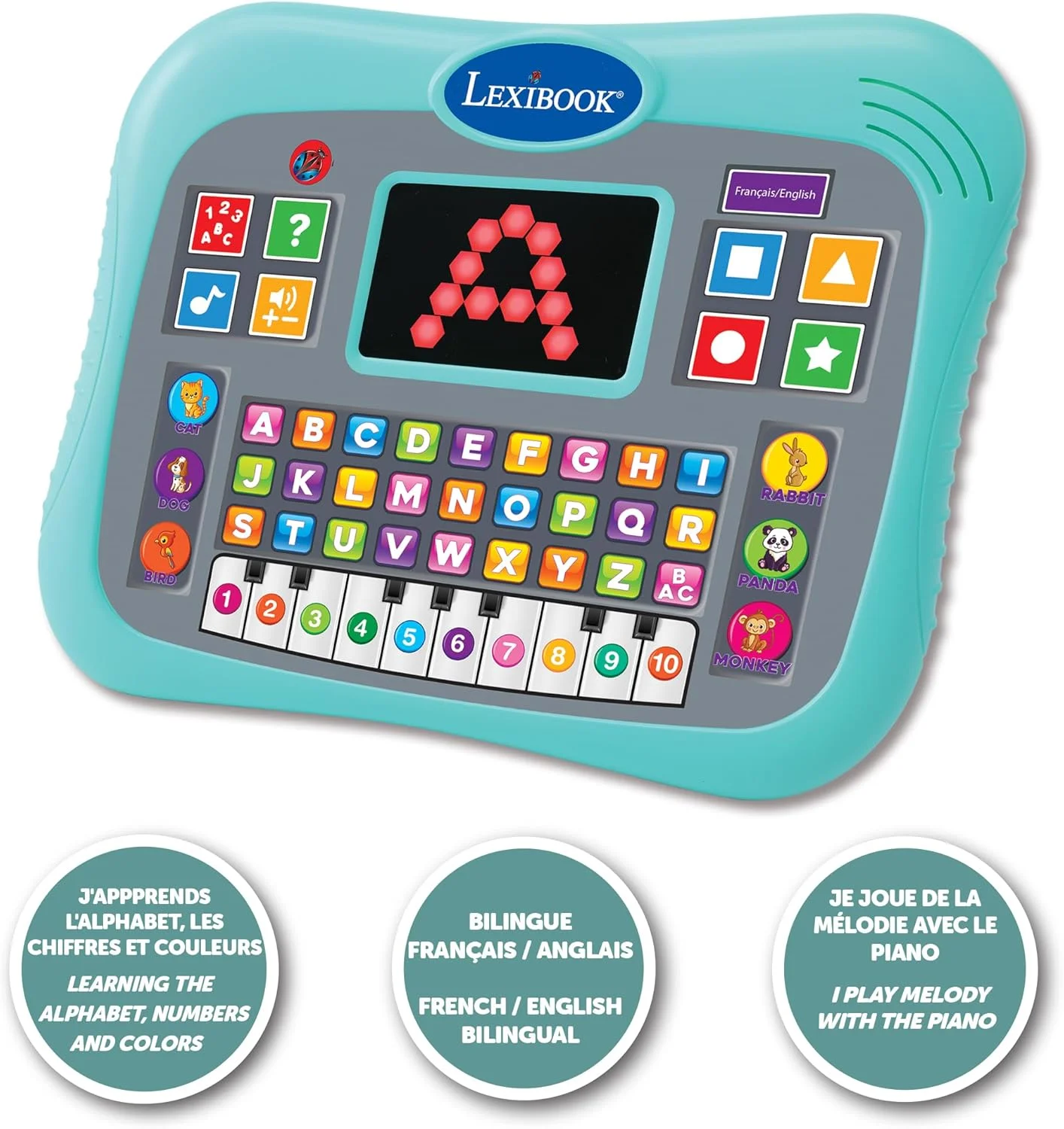 لِکسی بوک، تبلت آموزشی، دو زبانه انگلیسی/فرانسوی، تبلت سخنگو با صفحه نمایش برای یادگیری حروف الفبا، اعداد و حیوانات، حالت های پیانو و کوئیز تعاملی، آبی، JCPAD007i1 لِکسی بوک، تبلت آموزشی، دو زبانه انگلیسی/فرانسوی، تبلت سخنگو با صفحه نمایش برای یادگیری حروف الفبا، اعداد و حیوانات، حالت های پیانو و کوئیز تعاملی، آبی، JCPAD007i1