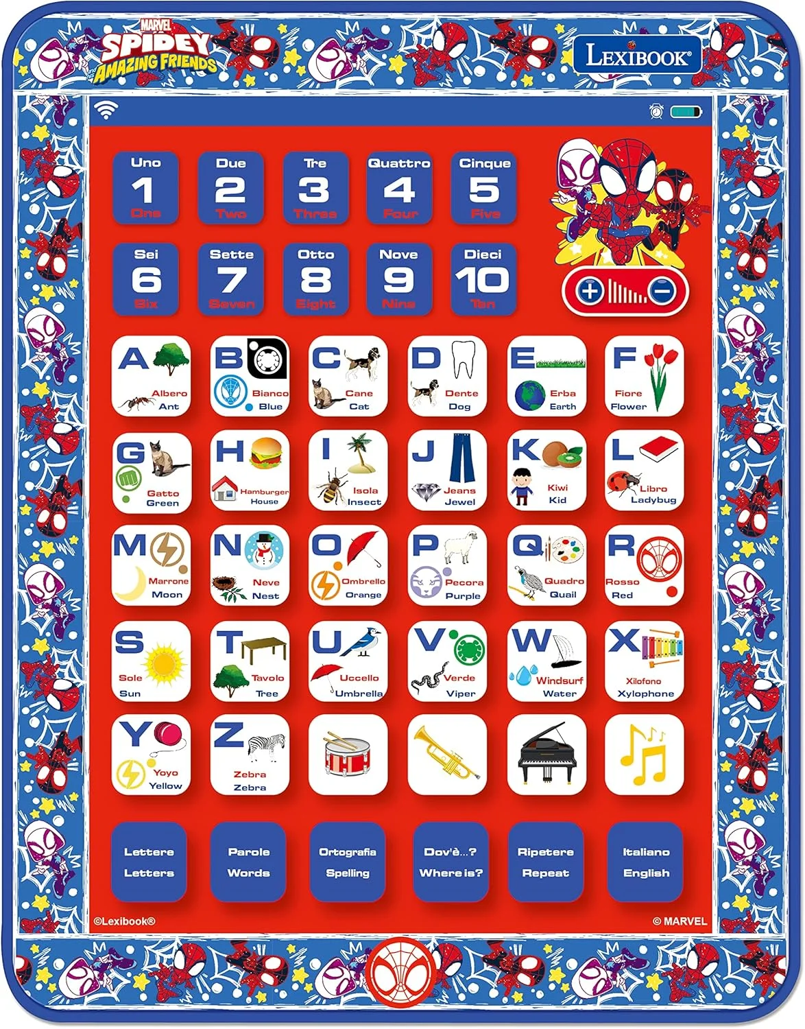 تبلت آموزشی دو زبانه لکسی بوک مدل JCPAD002SPi5 Spidey and His Amazing Friends، اسباب بازی تعاملی برای یادگیری حروف، اعداد، املا و موسیقی (انگلیسی/ایتالیایی)