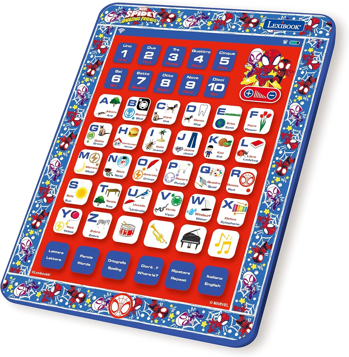 تبلت آموزشی دو زبانه لکسی بوک مدل JCPAD002SPi5 Spidey and His Amazing Friends، اسباب بازی تعاملی برای یادگیری حروف، اعداد، املا و موسیقی (انگلیسی/ایتالیایی) تبلت آموزشی دو زبانه لکسی بوک مدل JCPAD002SPi5 Spidey and His Amazing Friends، اسباب بازی تعاملی برای یادگیری حروف، اعداد، املا و موسیقی (انگلیسی/ایتالیایی)