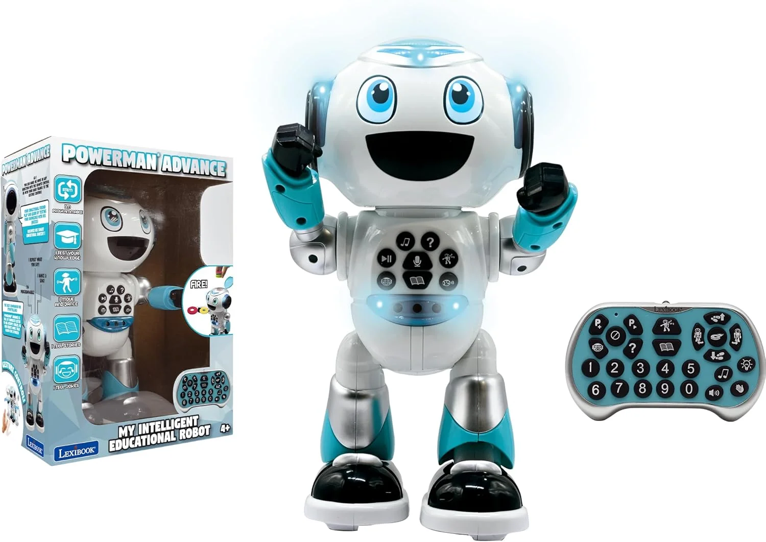 Lexibook - Powerman Advance - ربات کنترل از راه دور، اسباب بازی تعاملی و آموزشی برای کودکان، راه می رود، می رقصد، موسیقی پخش می کند، داستان می سازد و می گوید، آزمون های آموزشی، STEM قابل برنامه ریزی - ROB28EN
