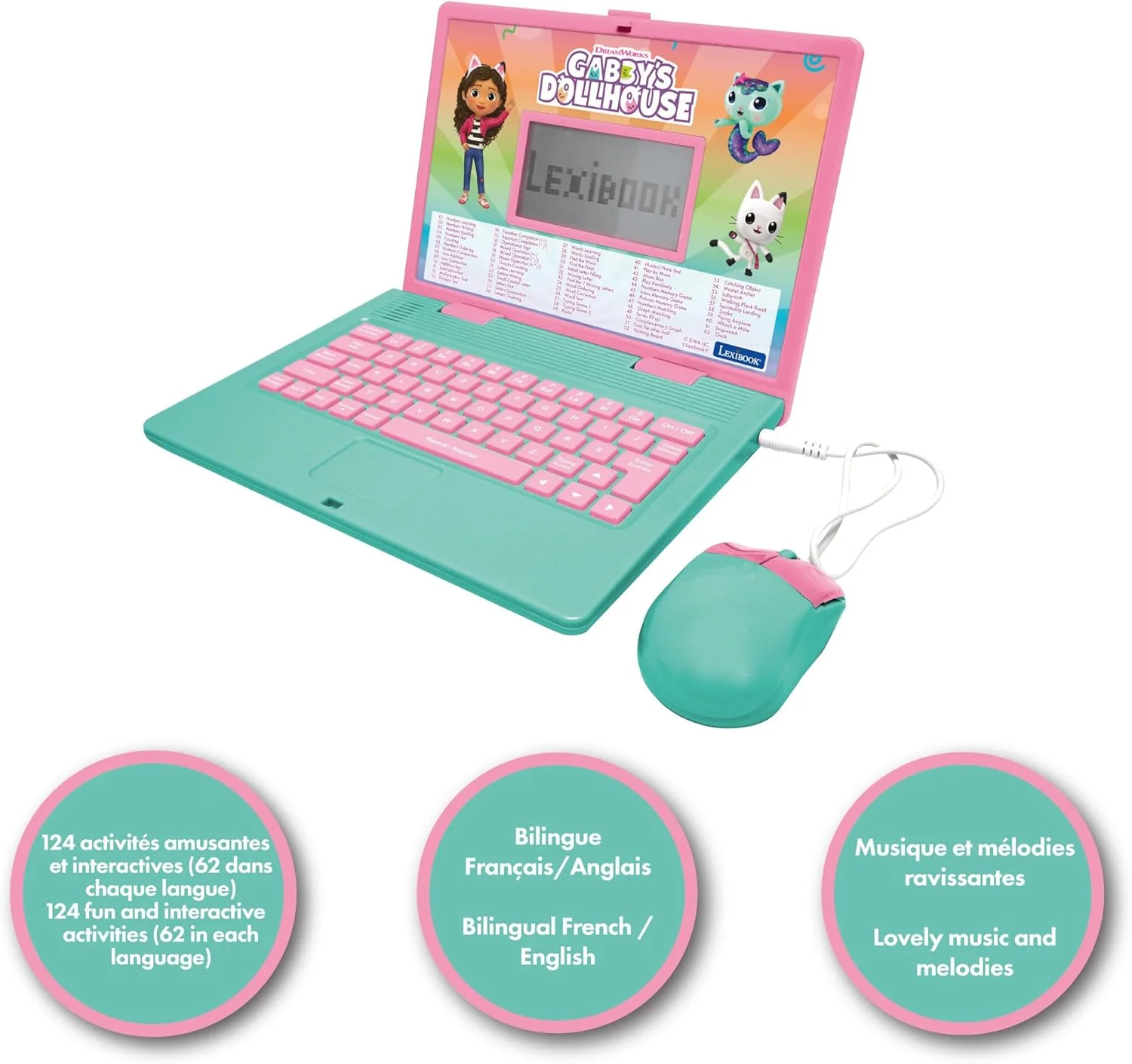 لپ تاپ آموزشی دو زبانه انگلیسی/فرانسوی Lexibook, خانه عروسکی گابی، اسباب بازی برای کودکان با 124 فعالیت و بازی در زمینه زبان، نوشتن، ریاضی، منطق و موسیقی، صورتی/آبی، JC598GDHi1 لپ تاپ آموزشی دو زبانه انگلیسی/فرانسوی Lexibook, خانه عروسکی گابی، اسباب بازی برای کودکان با 124 فعالیت و بازی در زمینه زبان، نوشتن، ریاضی، منطق و موسیقی، صورتی/آبی، JC598GDHi1