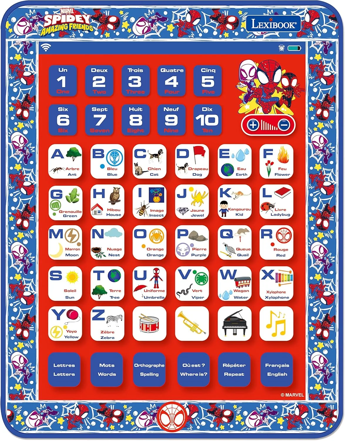 لِکسی بوک - تبلت آموزشی دو زبانه مرد عنکبوتی و دوستان شگفت انگیزش، زبان های انگلیسی/فرانسوی، اعداد، حروف، پیانو JCPAD002SPI1