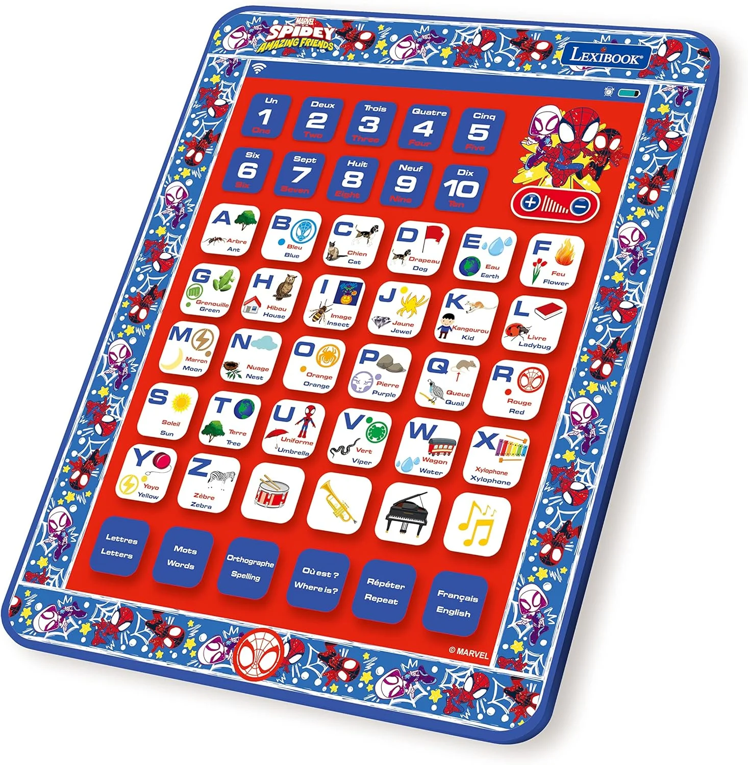 لِکسی بوک - تبلت آموزشی دو زبانه مرد عنکبوتی و دوستان شگفت انگیزش، زبان های انگلیسی/فرانسوی، اعداد، حروف، پیانو JCPAD002SPI1 لِکسی بوک - تبلت آموزشی دو زبانه مرد عنکبوتی و دوستان شگفت انگیزش، زبان های انگلیسی/فرانسوی، اعداد، حروف، پیانو JCPAD002SPI1