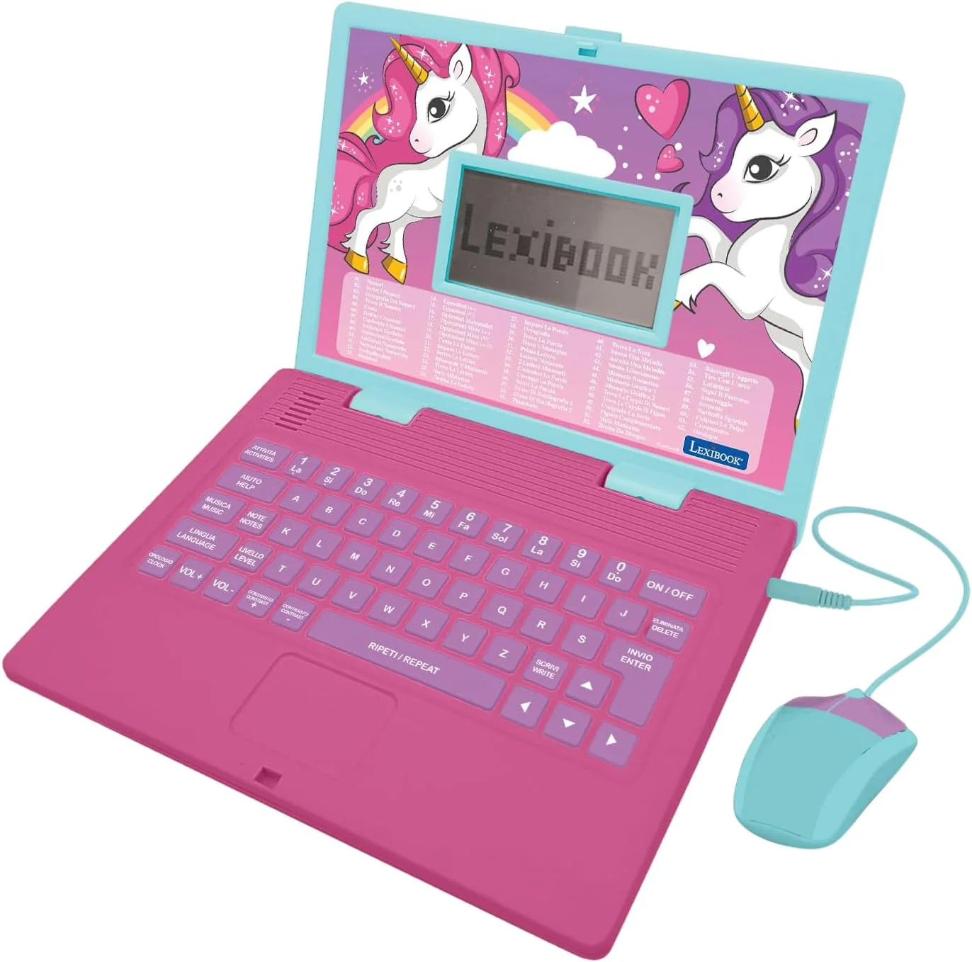 لپ تاپ آموزشی دوزبانه انگلیسی/ایتالیایی Lexibook طرح تکشاخ، اسباب بازی برای کودکان با 124 فعالیت و بازی در زمینه زبان، نوشتن، ریاضی، منطق و موسیقی، صورتی، JC598UNIi5