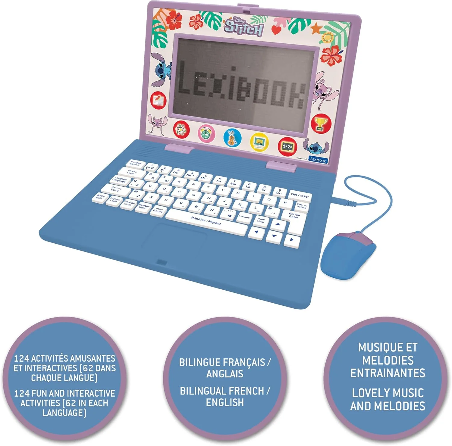 لپ تاپ آموزشی دو زبانه انگلیسی/فرانسوی Lexibook, Disney Stitch، اسباب بازی برای کودکان، 170 فعالیت برای یادگیری، بازی و موسیقی، صفحه نمایش بزرگ، آبی/بنفش، JC599Di1 لپ تاپ آموزشی دو زبانه انگلیسی/فرانسوی Lexibook, Disney Stitch، اسباب بازی برای کودکان، 170 فعالیت برای یادگیری، بازی و موسیقی، صفحه نمایش بزرگ، آبی/بنفش، JC599Di1