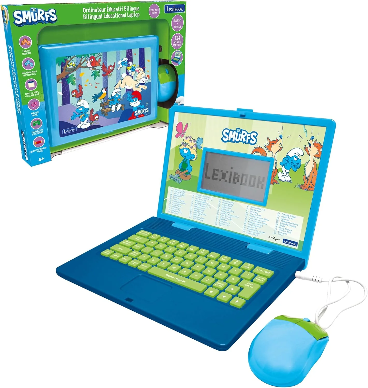 لپ تاپ آموزشی دو زبانه Lexibook, The Smurfs، اسباب بازی برای کودکان با 124 فعالیت زبانی، نوشتاری، ریاضی، منطقی، موسیقی و بازی، آبی، JC598SFi1