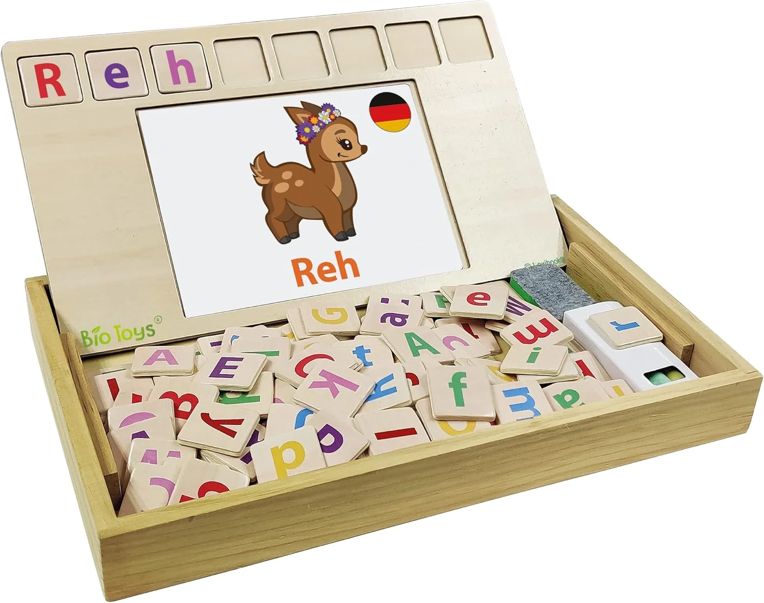 مدرسه اسباب بازی های زیستی LEXIBOOK EDU100i3، دو زبانه آلمانی/انگلیسی، چوبی، 50 کارت کلمه، الفبا، بازی آموزشی