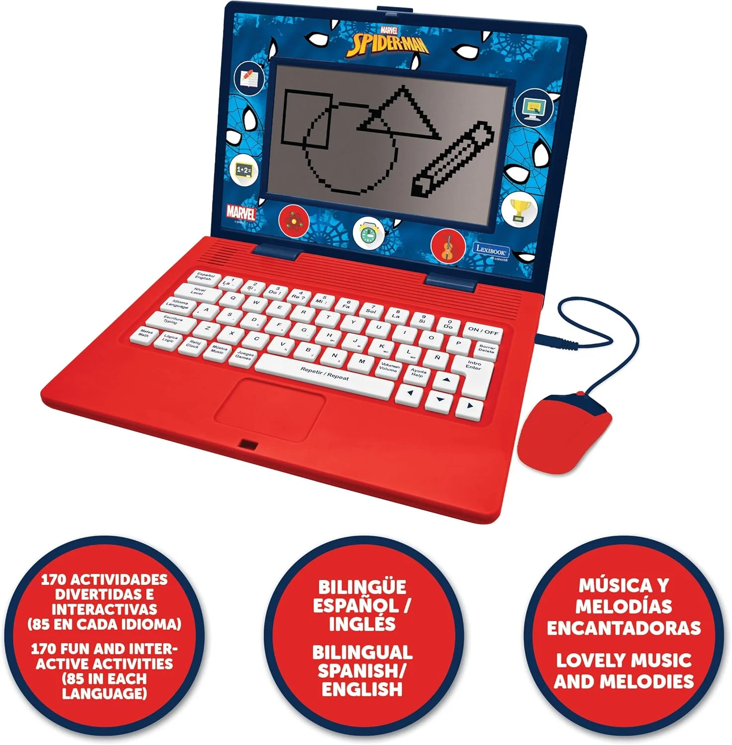 لپ تاپ آموزشی دو زبانه لکسی بوک، مرد عنکبوتی، اسپانیایی/انگلیسی، اسباب بازی برای کودکان، 170 فعالیت برای یادگیری، بازی و موسیقی، صفحه نمایش بزرگ، آبی/قرمز، JC599SPi2 لپ تاپ آموزشی دو زبانه لکسی بوک، مرد عنکبوتی، اسپانیایی/انگلیسی، اسباب بازی برای کودکان، 170 فعالیت برای یادگیری، بازی و موسیقی، صفحه نمایش بزرگ، آبی/قرمز، JC599SPi2