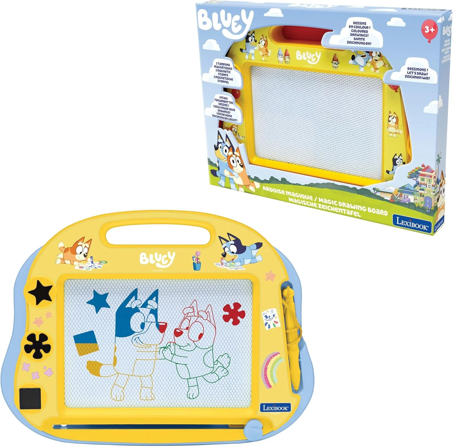 تخته طراحی مغناطیسی چند رنگ Lexibook Bluey، اسباب بازی هنری برای کودکان به همراه قلم و مهر، زرد/آبی، CRBY550