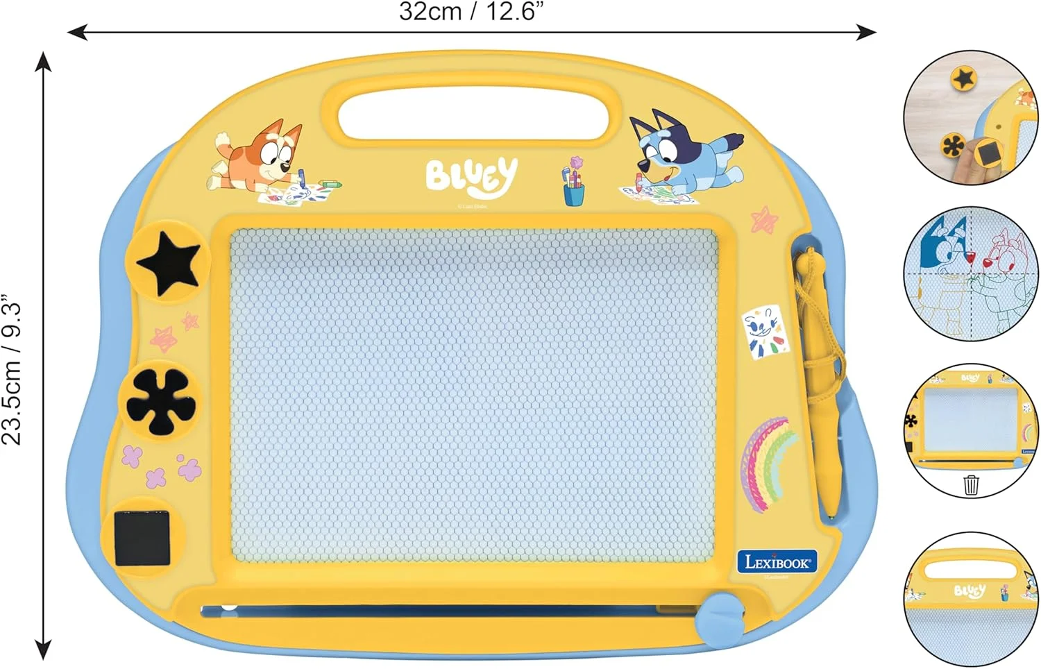 تخته طراحی مغناطیسی چند رنگ Lexibook Bluey، اسباب بازی هنری برای کودکان به همراه قلم و مهر، زرد/آبی، CRBY550 تخته طراحی مغناطیسی چند رنگ Lexibook Bluey، اسباب بازی هنری برای کودکان به همراه قلم و مهر، زرد/آبی، CRBY550