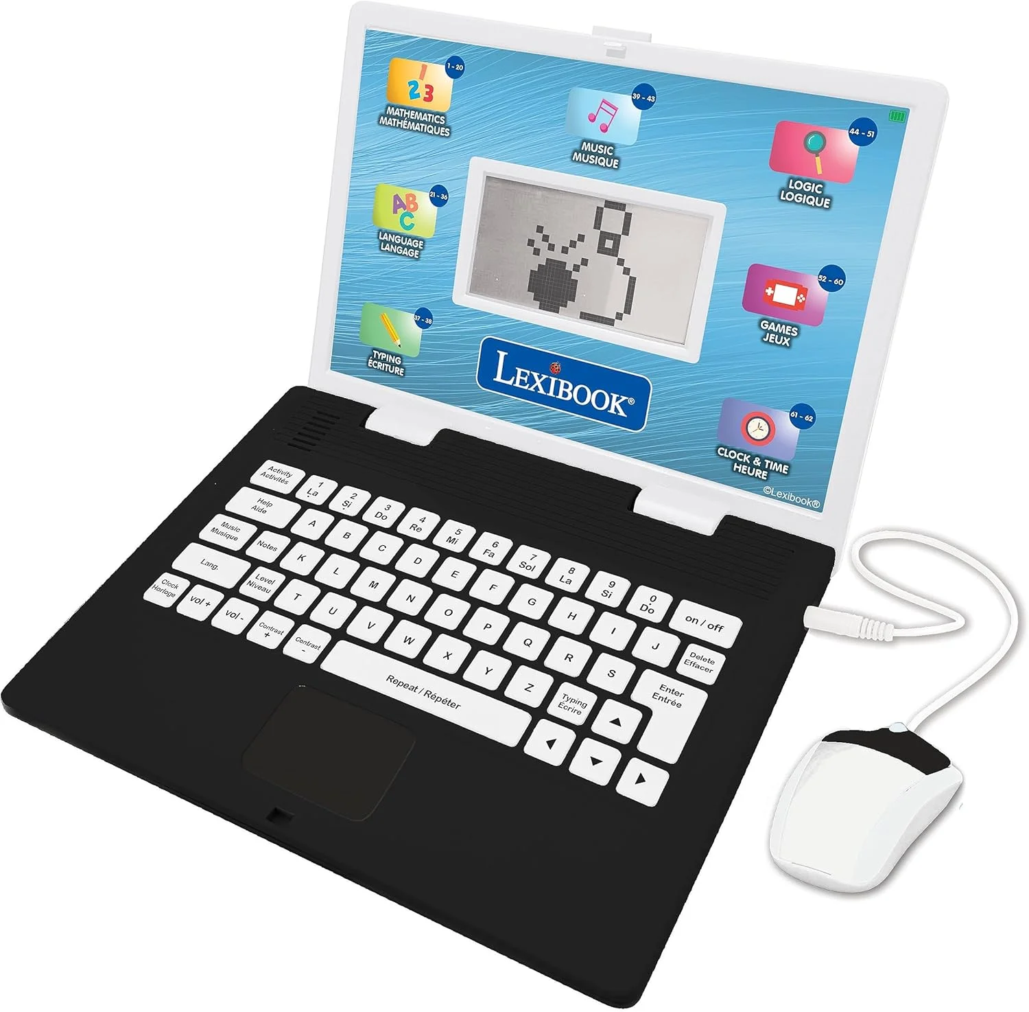 لپ تاپ آموزشی دو زبانه انگلیسی/فرانسوی Lexibook، ۱۲۴ فعالیت زبانی، نوشتن، ریاضی، منطق، موسیقی و بازی، پسران و دختران، JC498i1، یک سایز