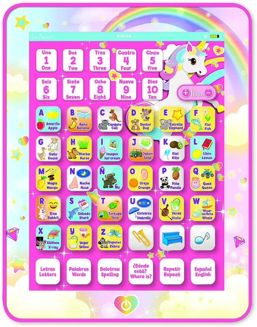 تبلت آموزشی دو زبانه لکسی بوک مدل JCPAD002UNIi2 طرح تکشاخ، اسباب بازی تعاملی برای یادگیری حروف الفبا، اعداد، کلمات، املا و موسیقی، زبان های انگلیسی/اسپانیایی، صورتی