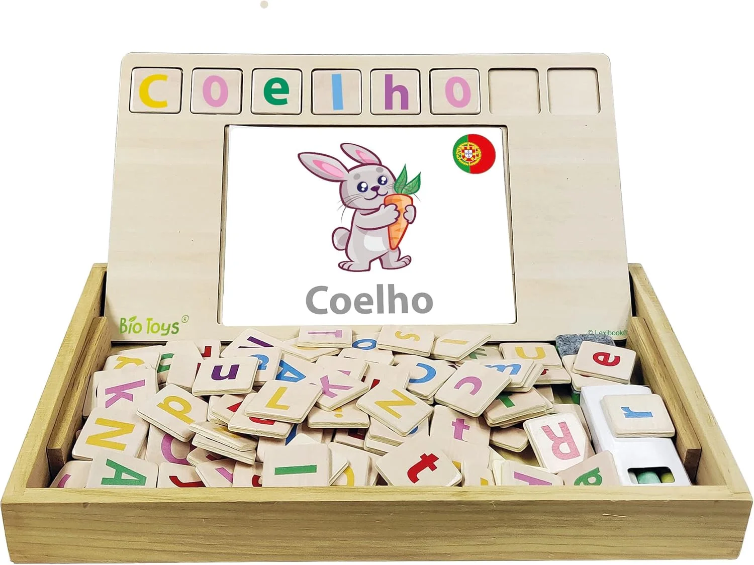 مدرسه اسباب بازی های چوبی دو زبانه پرتغالی/انگلیسی LEXIBOOK EDU100i4 Bio Toys، شامل 50 کارت کلمه، حروف الفبا، بازی آموزشی