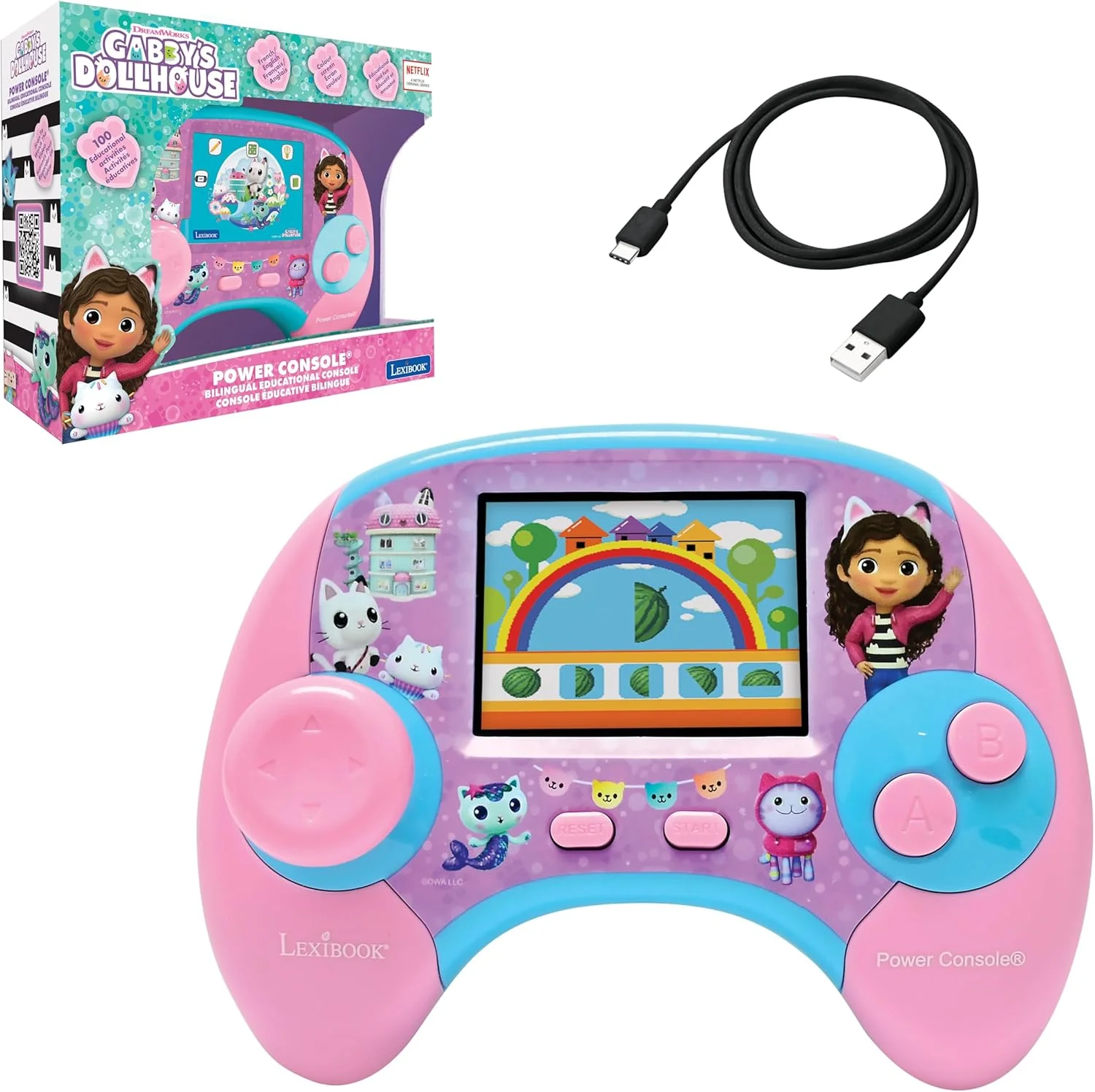 کنسول آموزشی دو زبانه انگلیسی/فرانسوی Lexibook, Gabby's Dollhouse, Power Console® با 100 فعالیت، صفحه نمایش رنگی، JCG100GDHi1