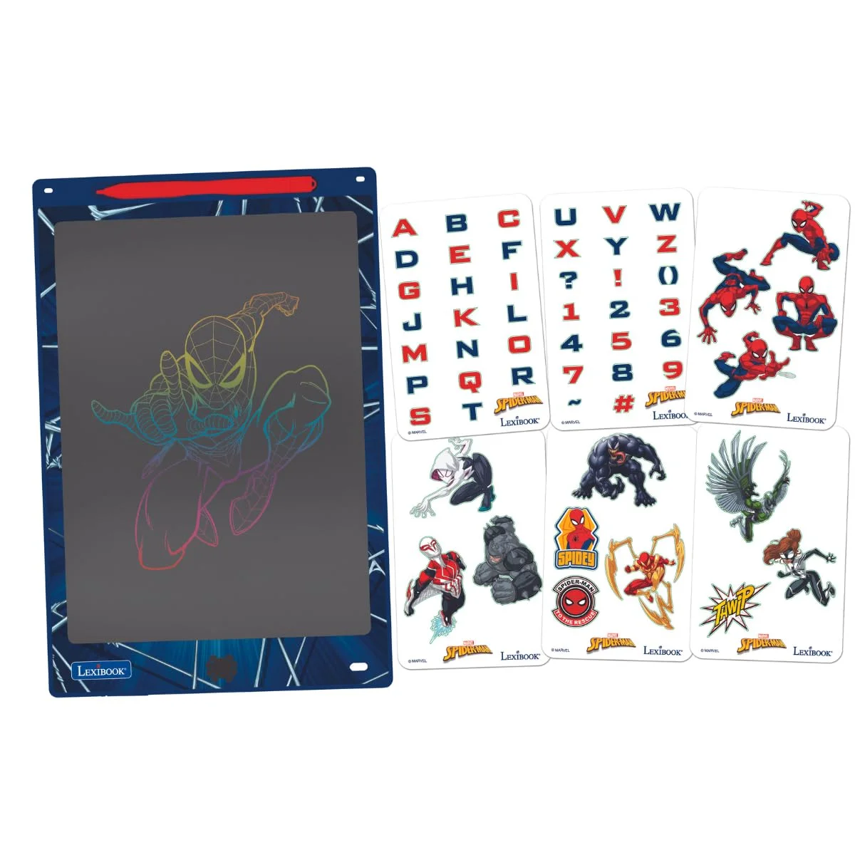 تخته جادویی لکسی بوک، مرد عنکبوتی، اسباب بازی هنری و خلاقانه برای دختران و پسران، نقاشی های چند رنگ، صفحه نمایش 11 اینچی، شامل 1 قلم و 6 شابلون، آبی، CRT10SP