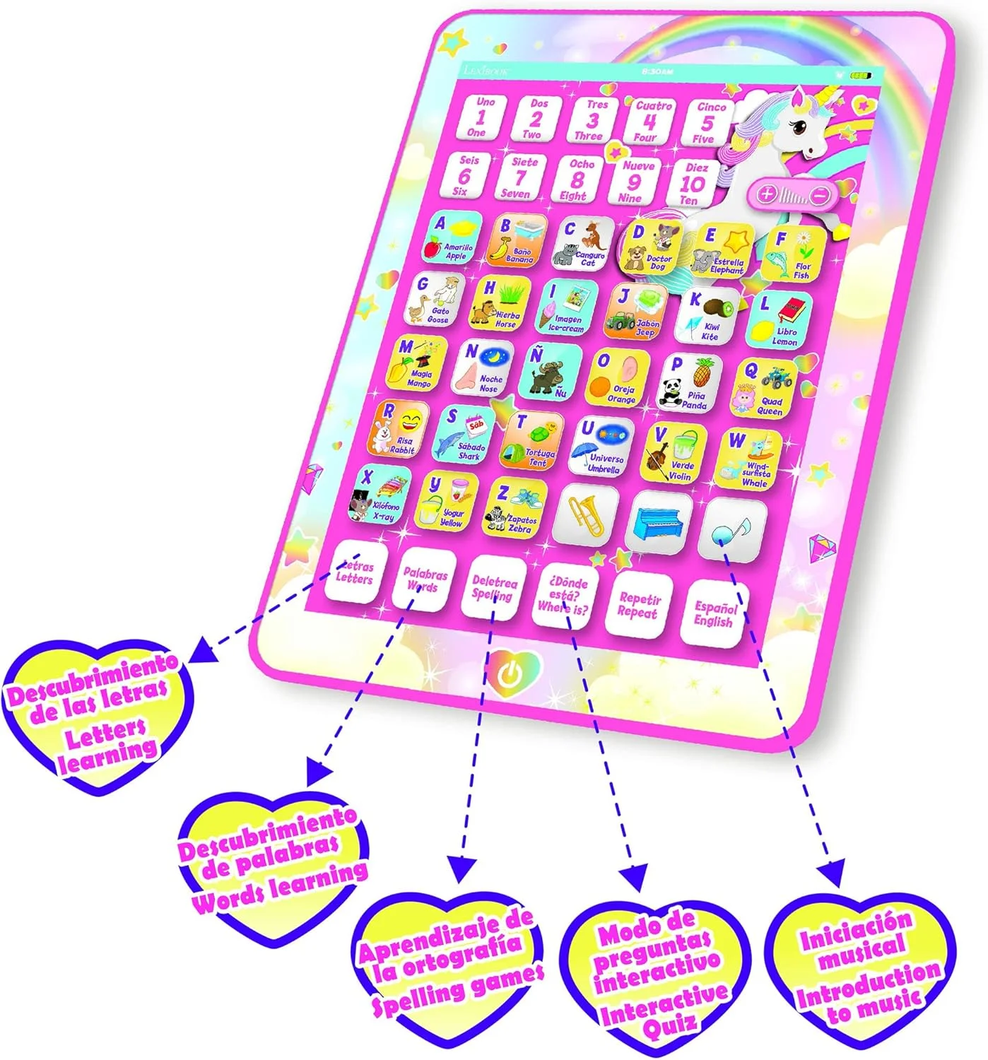 تبلت آموزشی دو زبانه لکسی بوک مدل JCPAD002UNIi2 طرح تکشاخ، اسباب بازی تعاملی برای یادگیری حروف الفبا، اعداد، کلمات، املا و موسیقی، زبان های انگلیسی/اسپانیایی، صورتی تبلت آموزشی دو زبانه لکسی بوک مدل JCPAD002UNIi2 طرح تکشاخ، اسباب بازی تعاملی برای یادگیری حروف الفبا، اعداد، کلمات، املا و موسیقی، زبان های انگلیسی/اسپانیایی، صورتی