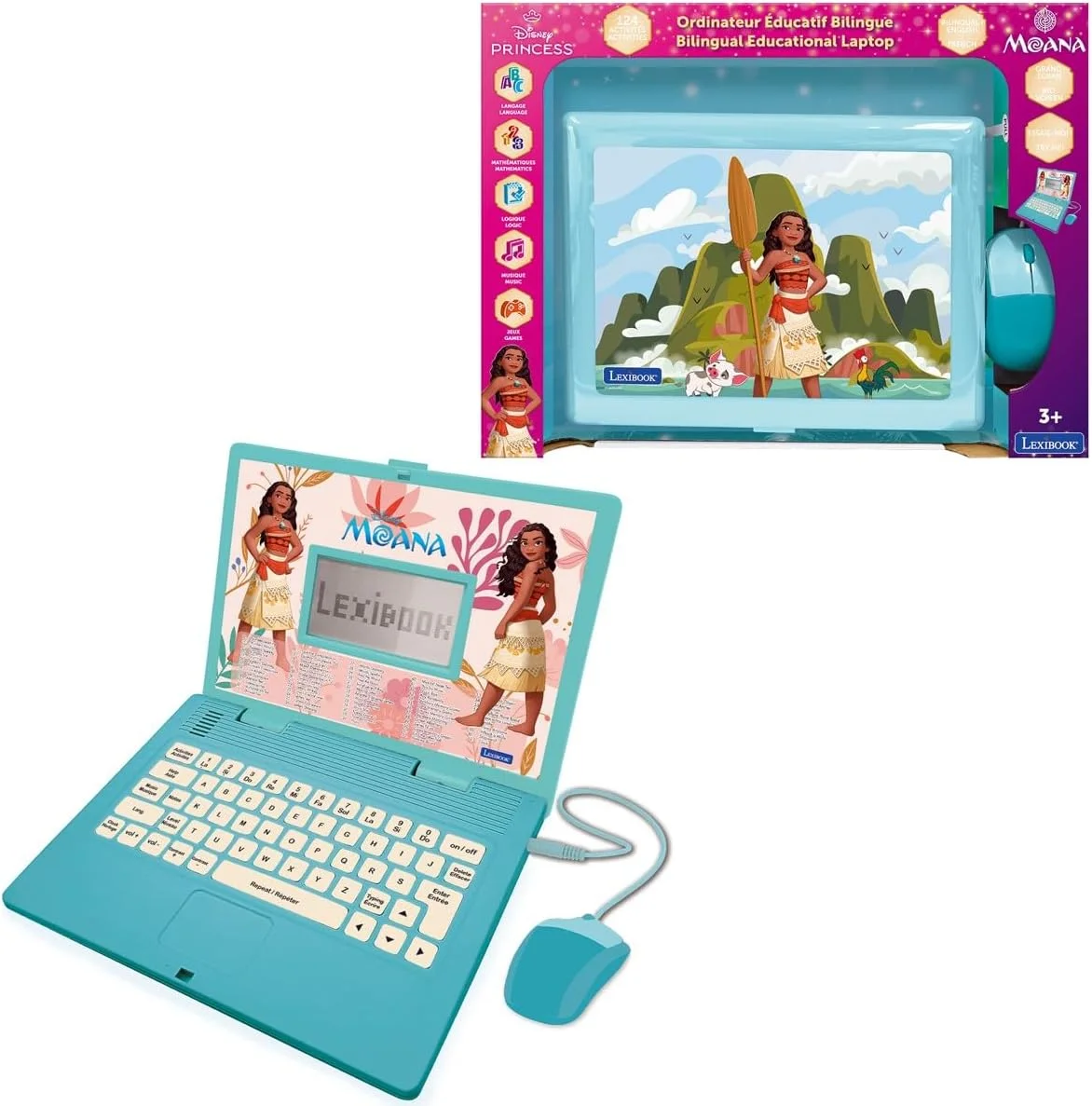لپ‌تاپ آموزشی دو زبانه انگلیسی/فرانسوی Lexibook، پرنسس دیزنی، Moana، اسباب بازی برای کودکان با 124 فعالیت و بازی در زمینه زبان، نوشتن، ریاضی، منطق و موسیقی، آبی/صورتی، JC598VNEN