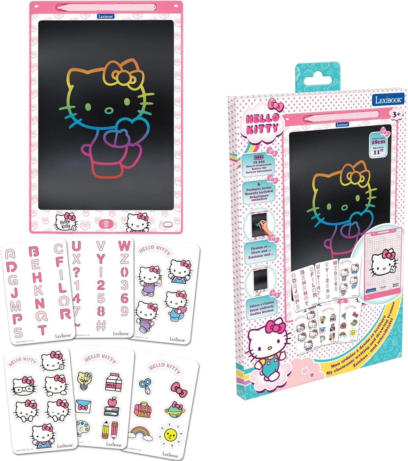 تخته جادویی لکسی بوک، هلو کیتی، اسباب بازی هنری و خلاقانه برای دختران و پسران، نقاشی های چند رنگ، صفحه نمایش 28 سانتی متری، شامل 1 قلم و 6 شابلون، صورتی، CRT10HK