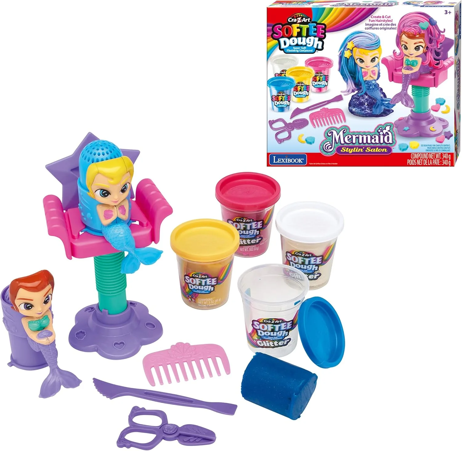 مجموعه خمیر بازی آرایشگاه مو پری دریایی Lexibook، صورتی سفید آبی زرد، CRDOUGH12